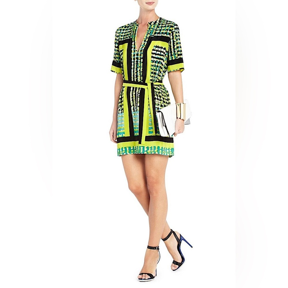 BCBG MAX AZRIA TIDE COMBO KANE SILK PRINT BLOCK DRESS - Picture 3 of 8